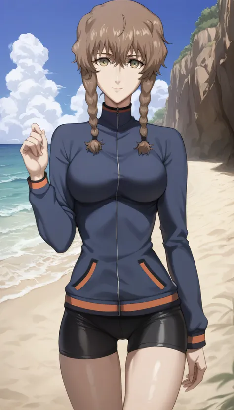 score_9, score_8_up, score_7_up, detailed eyes, beautiful, detailed background, face focus, masterpiece, best quality, looking at viewer, oiled up, amane suzuha green eyes, brown hair, hourglass figure, tight shorts, jacket, on beach, cowboy shot, 