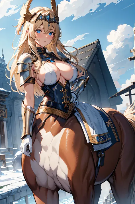 4K,High resolution,One Woman,centaur,Blonde,long hair,Blue Eyes,Big Breasts,Brown fur,Valkyrie,White sacred armor,Sideboob,Full Armor,White gloves,Winged headgear,Jewelry decoration,Holy Sword,Temple in the Sky