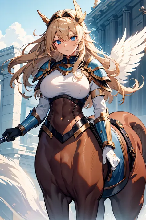 4K,High resolution,One Woman,centaur,Blonde,long hair,Blue Eyes,Brown fur,Valkyrie,White sacred armor,Sideboob,Full Armor,White gloves,Winged headgear,Jewelry decoration,Holy Sword,Temple in the Sky