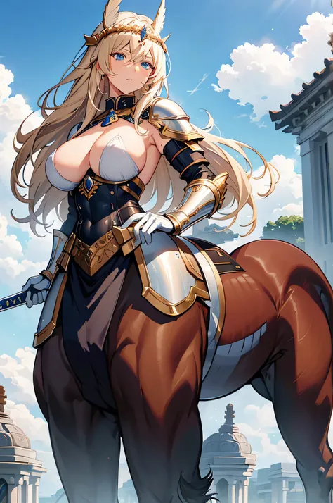 4K,High resolution,One Woman,centaur,Blonde,long hair,Blue Eyes,Brown fur,Valkyrie,White sacred armor,Sideboob,Full Armor,White gloves,Winged headgear,Jewelry decoration,Holy Sword,Temple in the Sky