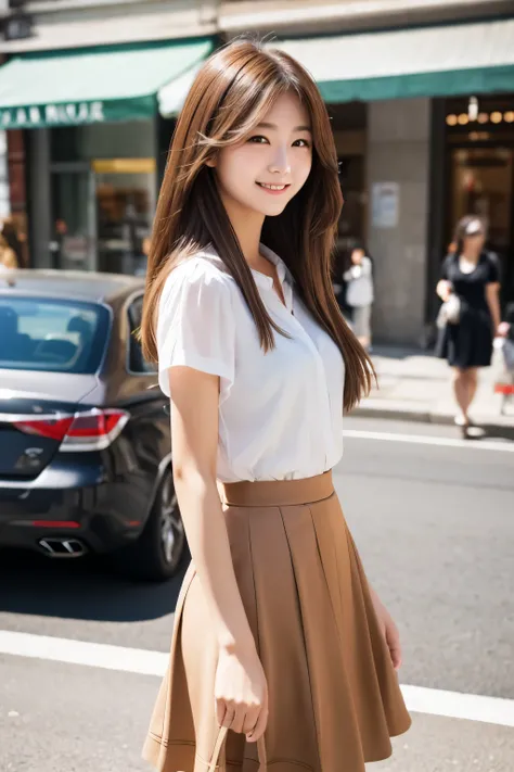 Top quality, 1 beautiful woman, long Hair, brown hair, wearing Camisole & skirt, shy-smile, Sunlight, at street