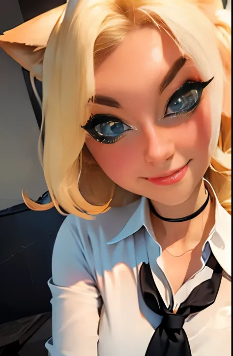 nsfw, masterpiece, (best quality:1.2), (sharp focus:1.2),, 1 girl, slim girl,, (blonde|light_yellow hair), cat ears,, detailed face, young|cute face, blush, evil smile,, natural breasts, thin arms,, white collared shirt with black tie, black choker,, in a ...