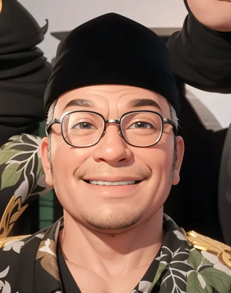 A man wearing a black Indonesian Muslim cap, Wearing glasses, smiling, beautiful hair, 3D render, 3D Cartoon, big head, cartoonish look, high resolution, super detail, soft lighting