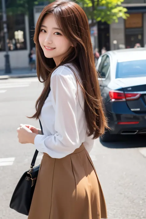 Top quality, 1 beautiful woman, long Hair, brown hair, wearing Camisole & skirt, shy-smile, Sunlight, at street