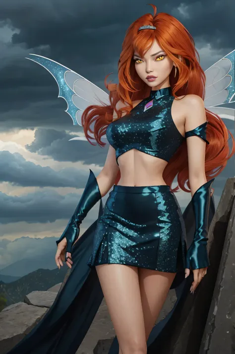 Winx Club Dark bloom, alone, ((pitiful)),Dark Blossom, Red hair, yellow  eyes, boots, black skirt, gloves, black shirt, wings, glittery clothes, ​masterpiece, best quality, Optimize_beautiful eyes:0.8 with an approaching thunderstorm in the background, Flo...