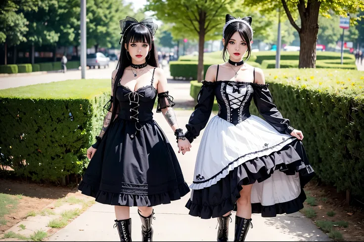 sexy stylish female model, only 1 female, ((doll-like appearance)), long dramatic stylish hair, ((shiny Punk-Style boots)), (big smile), ultra detailed eyes, Punk makeup, lipgloss, ((sexy Punk Lolita cosplay)), unconventional skirt, petticoats, high neckli...