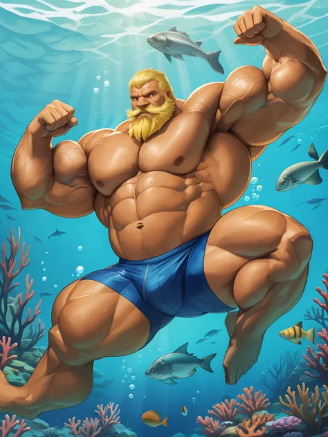 A huge muscular old man swimming in underwear, (old man (huge muscular, giga Chad, bara, big arm, biggest arm, biggest muscular, biggest chest , big chest, big pec, big bicep, extremely detailed muscle, short hair, white bearded, yellow hair, swim pose, br...