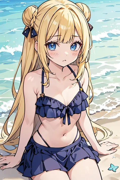 fairy_tail_style, solo, 1 girl, (young female body:1.4), (medium small breasts), golden yellow hair, extra long hair, blunt bangs, crystal blue eyes, very detailed eyes, cowboy shot, detailed eyes, beach house, sand, white bikini, tight white swim suit, bi...