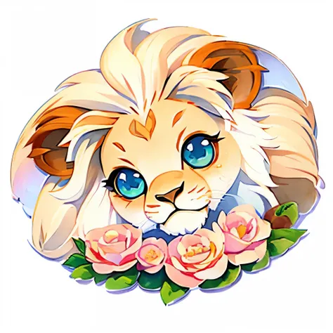 ((white background)), ((clipart )), ((sticker)), (((lion ear)), watercolor beautiful wild rose fantasy art, perfect eyes with beautiful face and flowers, angel wings, chibi cute animation style, vivid vivid colors, intricate details, hyper detail, hyper qu...