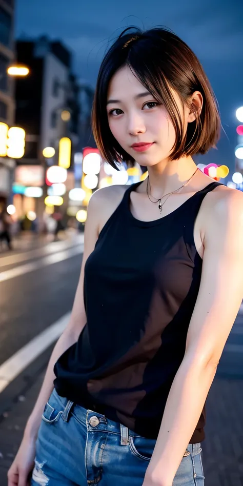 1 person, Tokyo Street,night, Streetscape,City lights,Upper Body,close,smile,, (8k, RAW Photos, Highest quality, masterpiece:1.2),(Realistic, photo-Realistic:1.37),