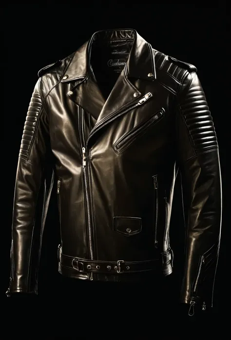 black leather jacket, detailed leather texture, realistic, intricate stitching, shiny metallic hardware, dynamic lighting, moody atmosphere, cinematic lighting, dramatic shadows, high contrast, chiaroscuro, glossy finish, impeccable craftsmanship, photorea...