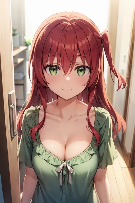 Red hair、Long Hair、bangs、Hair between the eyes、One side up、Green Eyes、smile、Medium chest, Cleavage, reflected light, Very detailed, Open door, Nightwear,( Open door):1.4, Home, (sleepy), corridor, 