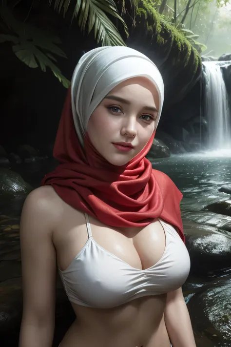 ((5x-UltraSharp)), ((WHITE HIJAB)), close-up portrait of a beautiful woman ponytail hair styler, bathing in a jungle waterfall, wearing red lingerie top and bottom bikini, tight, pear body shaped, heavy big breast, showing large cleavage, reeds, (backlight...