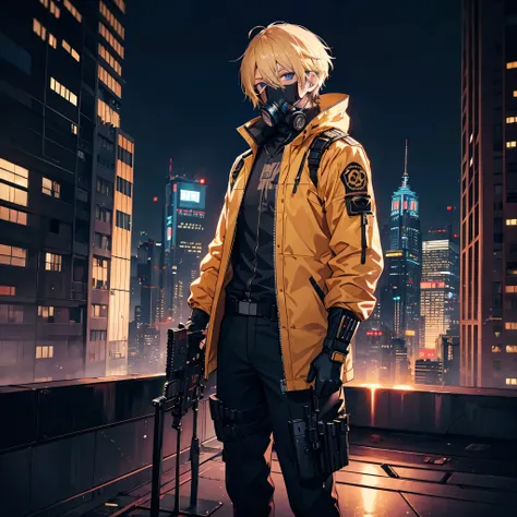 1 male,Adult,Blue eyes,gas mask,Golden hair color,Medium Hair,Cyberpunk clothing,night,Near future city,Standing with a gun on the rooftop looking at the view,Calm expression,Muscular,Tattoo