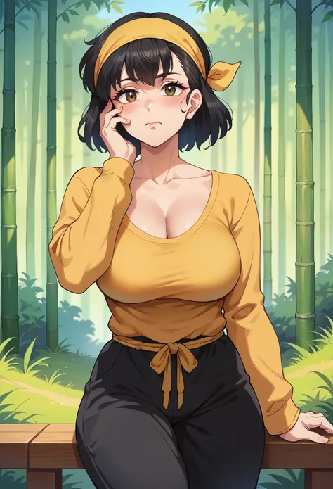 score_9, score_8_up, score_7_up, 1girl, solo, (milf:1.2), female focus, Ryouga Hibiki, black hair,(medium hair), bangs, brown eyes, yellow bandana, yellow shirt, long sleeves, cleavage, black pants, baggy pants, blushing, thoughtful, hand on face, closed-u...