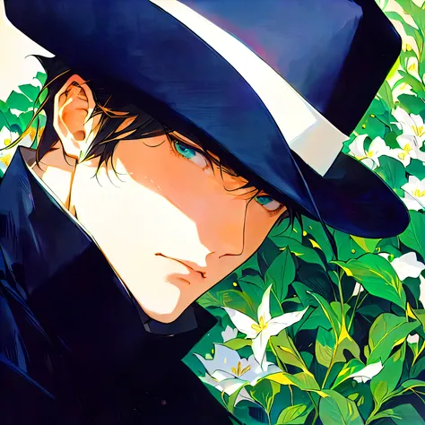 painting of a man in a hat and a black coat, by Yamagata Hiro, kentaro miura art, edward, makoto kobayashi, anime portrait of a handsome man, naoya tanaka, inspired by Sakai Hōitsu, masami kurumada, anime handsome man, by Tanaka Isson, michael, by Yoshihik...