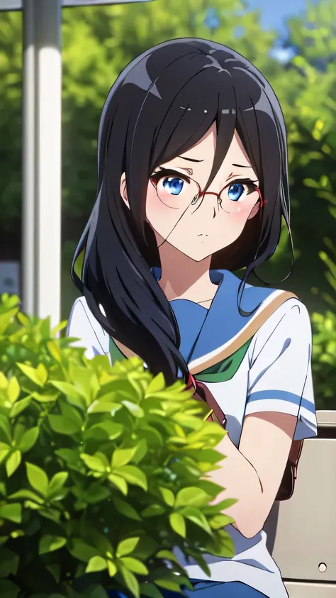 best quality, masterpiece, highres, alone, {thanaka_asuka_euphonium sound:1.15} (garden:1.3), , black_hair, long_hair, glasses, ...