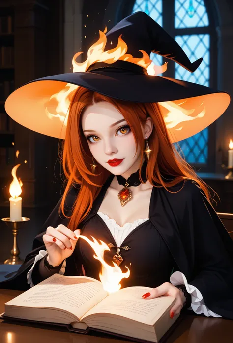 chillblaze, girl 1, witch, conjures, a book in his hand, small kattelok, fire is burning, bright colors, clear drawing of detail...