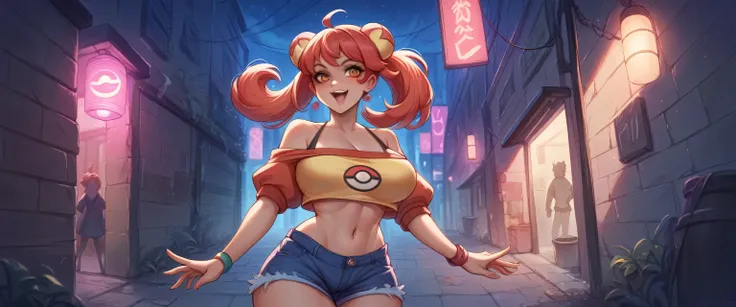 nsfv, Etchi Chibi Pokemon Girl в мини-юбке, erotic pose, colorful clothes, located in a dark night alley of the city, big breasts 