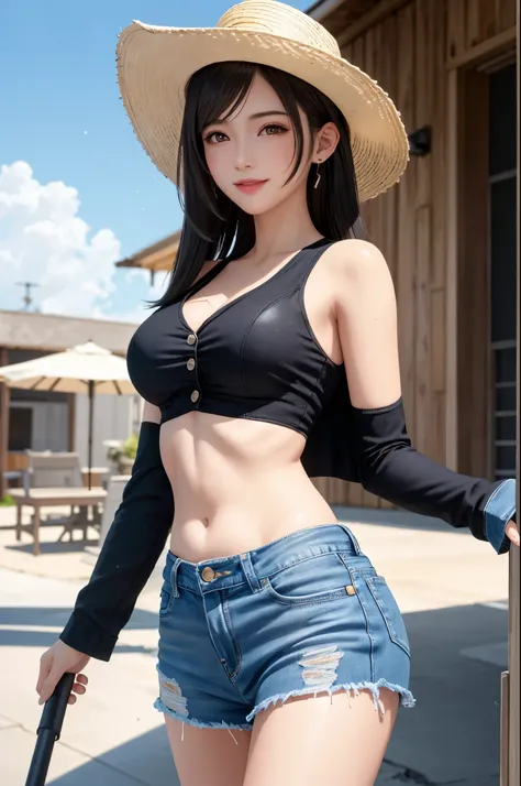 masterpiece, super fine illustration, best quality, light particles, ultra-detailed, 8K wallpaper, (bright colors:1.2), {{{FF7,Tifa_lockhart}}}, medium breasts, (black long hair:1.3), hairclip, shiny skin, oily skin, cowboy hat, denim jacket, cowboy boots,...