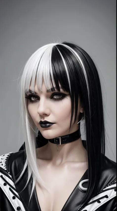 arafed woman with white hair and black and white wig, black hair and white bangs, black and white hair, whitebangsblackhair, white highlights in hair, cruella devil, white hair color, with short bobbed white hair, hair whitebangs hair, white bangs, white f...