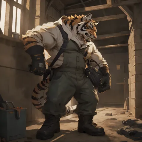 A furry personalization, worker tiger anthro, sweating, tiger wearing old and dirty construction clothes, tiger wearing dirty stained worker gloves and black filthy rubber boots, the tiger at the basement of the building, the tiger is forcing his inferior ...