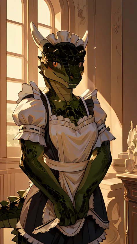 anime, hdr, soft light, ((best quality)), ((masterpiece)), (detailed), lustyargonian, maid, colored skin, green skin, maid headd...