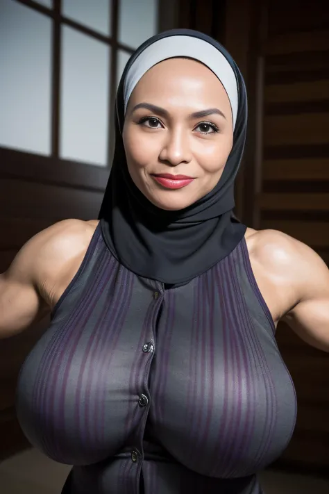 ((5x-UltraSharp)), ((Naked plaid pattern)), ((A MILF:1)), ((CHEERFUL FACE EXPRESSION)), ((SHORT HIJAB)), ((Gigantic:1.9)), (dynamic photograph of a 58 year old Indonesian woman), (highly detailed face:1.4), (vascular muscles and abs:1.3), (background Darkn...