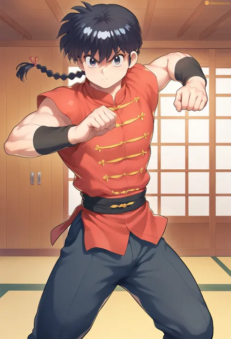 score_9, score_8_up, score_7_up, 1boy, solo, , male focus,ranma saotome, braid, black hair, single braid, braided ponytail, blue eyes, pants, chinese clothes, tangzhuang, standing, fighting pose, serious face, looking at you, inside a dojo