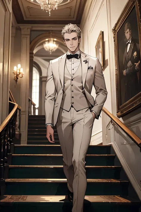 ((best quality)), ((masterpiece)), (detailed), a handsome man in a white suit，a bodyguard in dark clothes，two people walked up t...