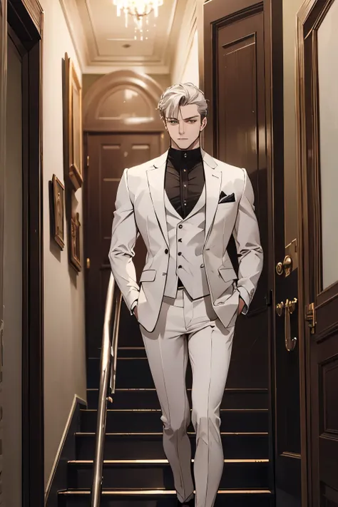 ((best quality)), ((masterpiece)), (detailed), A handsome man in a white suit，A bodyguard in dark clothes，Two people walked up the stairs of the villa to the living room，Perfect face perfect hands