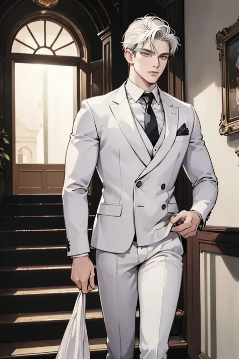 ((best quality)), ((masterpiece)), (detailed), A handsome man in a white suit,A bodyguard in dark clothes,Two people walked up the stairs of the villa to the living room,Perfect face perfect hands