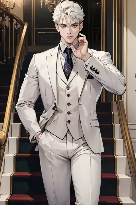 ((best quality)), ((masterpiece)), (detailed), a handsome man in a white suit，a bodyguard in dark clothes，two people walked up t...