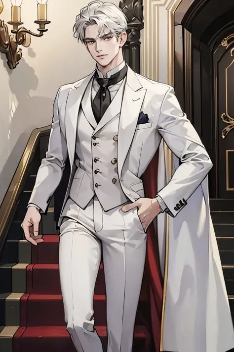 ((best quality)), ((masterpiece)), (detailed), a handsome man in a white suit，a bodyguard in dark clothes，two people walked up t...