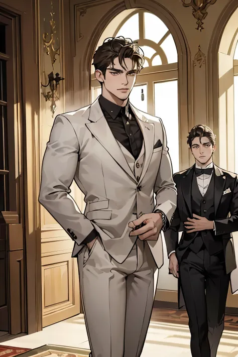 ((best quality)), ((masterpiece)), (detailed), a handsome man in a brown  and white suit，a bodyguard in dark clothes，two people ...