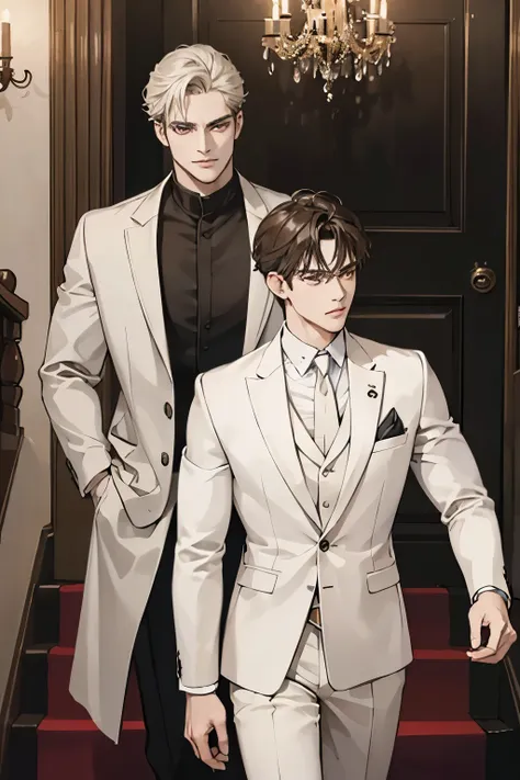 ((best quality)), ((masterpiece)), (detailed), a handsome man in a brown  and white suit，a bodyguard in dark clothes，two people ...