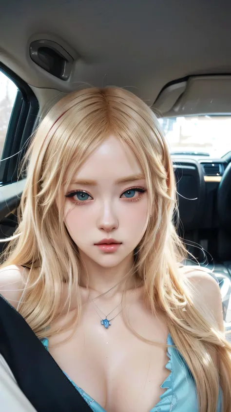 A close up of a woman with long blonde hair in a car, guweiz style artwork, Kawaii realistic portrait, realistic anime art style, realistic art style, [ Artedigital 4K ]!!, realistic anime art style, 4k realistic digital art, 4k realistic digital art, 3d r...