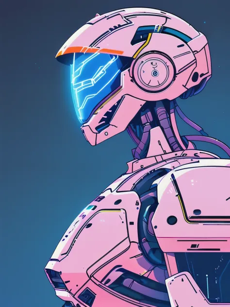 retro_neon,  solo, robot, from side, glowing, upper body, mecha, no humans