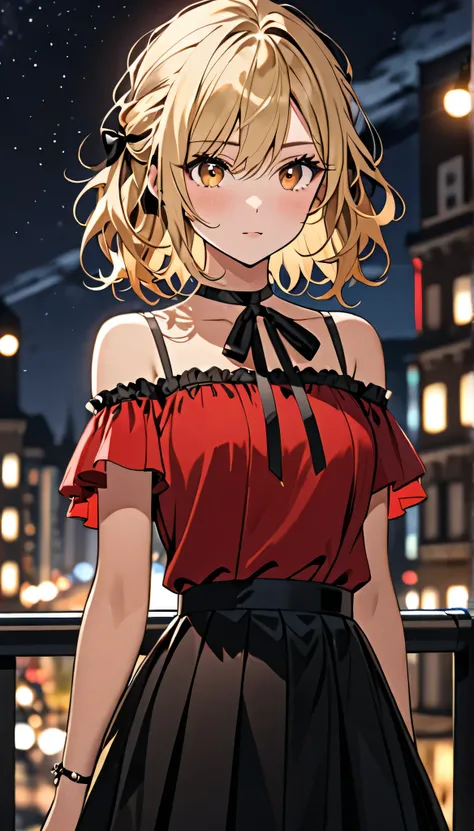 Beautiful and blond, messy styled hair, black ribbon, red top, stylish skirts, night, looking fancy