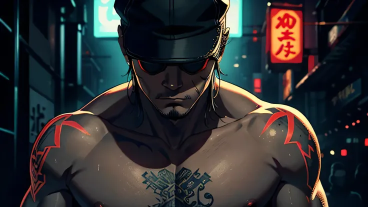 yakuza gang, big tattoo, wear hat hiding his face, dark night, neon light, dark theme retro style