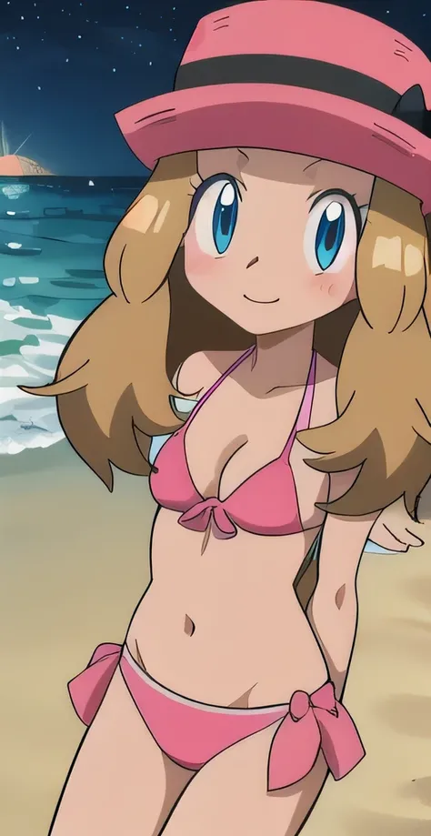 ((cute bikini)),masterpiece, best quality, highres, outdoors, 1girl, solo, serena (pokemon), pink headwear, looking at viewer, (Put your arms behind your back),at night,Beach,(blush),Embarrassment,(medium breast,cleavage),