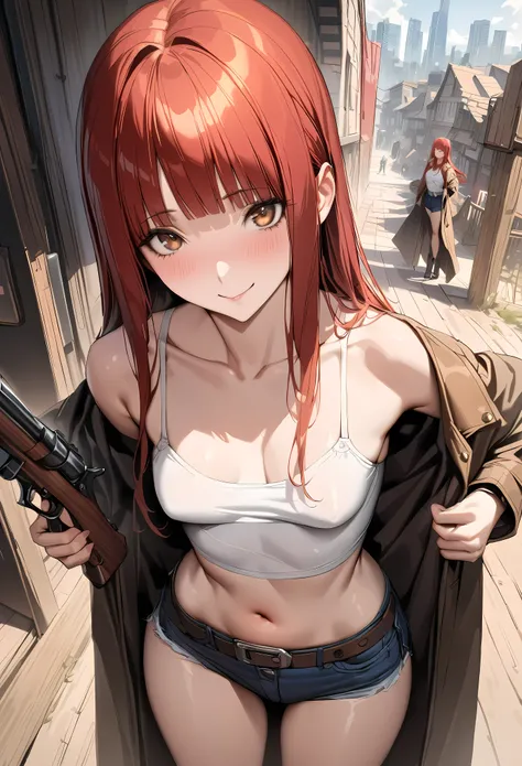 ((masterpiece,best quality anime,Highest quality:1.3)),realistic,cowboy shot,(30 year old beauty),gunslinger,1woman,solo,((very small head:1.4)),((very long body:1.3)),(red hair),bangs,straight long hair,gorgeous big eyes,brown eyes,smile,(Black leather lo...