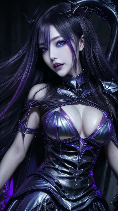 強力なスーパーevil女がクローズアップでポーズをとる, Black Goddess (Exposing shoulders), length, Flowing purple hair, View your viewers, Highly detailed face, Perfect hands, Blue smoke swirling around her, evil事を愛する, Captivating blue eyes, Dark fantasy, Genuine, Symmetric, Attent...