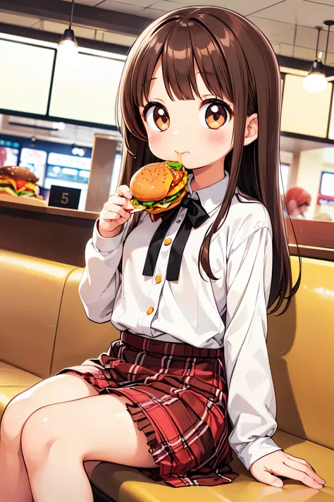 Beautiful illustration, best quality, cute girl, ((In a fast food restaurant)), pastel color, natural tones, ((Brown bangs)), ((Tight clothes)), ((White blouse)), ((Tartan skirt)), ((Sitting)), ((Looking at viewer)), ((Slim body)), ((Eating a burger)), (Bl...