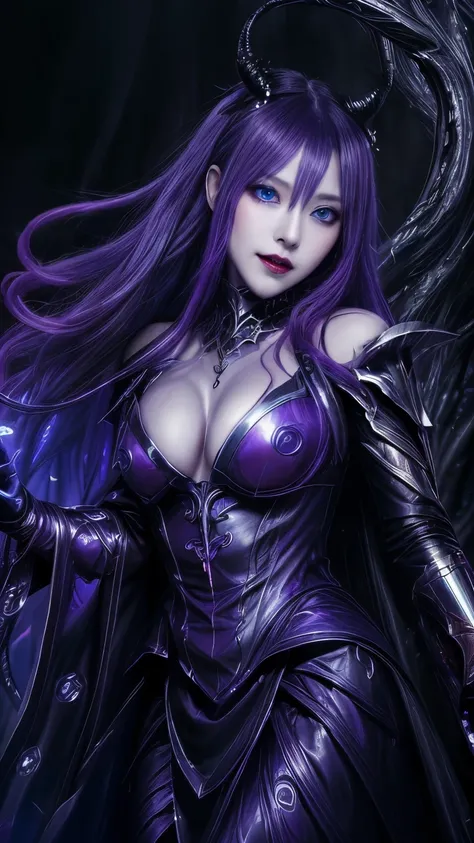 強力なスーパーevil女がクローズアップでポーズをとる, Black Goddess (Exposing shoulders), length, Flowing purple hair, View your viewers, Highly detailed face, Perfect hands, Blue smoke swirling around her, evil事を愛する, Captivating blue eyes, Dark fantasy, Genuine, Symmetric, Attent...