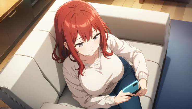 (masterpiece:1.3), (best quality:1.3), (very detailed), anime style:0.1, game cg, anime coloring, from above,1girl,Red hair, Grey Eyes, shirts, short pants, naughty smile,,Big Breasts,living,he sofa,lying,((operate smartphone, looking away))