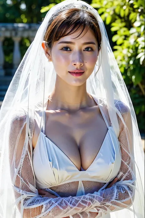 Naked Bride." shape, Big Breasts, Beautiful nipples, Perfect body, whole body , Church wedding,  (((There were many participants behind her...))).  (((white transparent wedding dress, Cape, Veil, Transparent Micro Panties, Transparent Micro Bra, Fishnet ti...