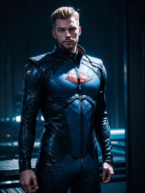 (Name: Lars Winelson 30 Year-old Male), Using Dark Blue Leather Suit, Dark City Background, Handsome, Superhero