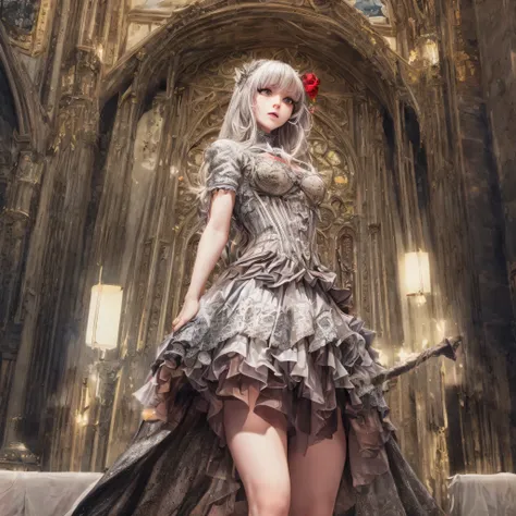 a gothic lolita girl in a majestic cathedral, beautiful detailed eyes, beautiful detailed lips, extremely detailed eyes and face...