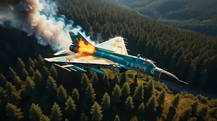 a mig-21 fighter jet, view from above, flying (high) over lush pine forest, morning, burning tail, plane on fire, 1960s, high al...